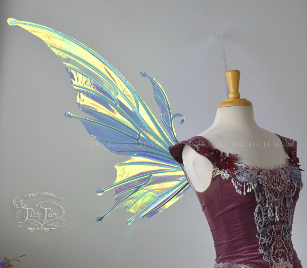 Extra Large / Giant Flora Iridescent Fairy Wings in Clear Diamond Fire with Green Veins