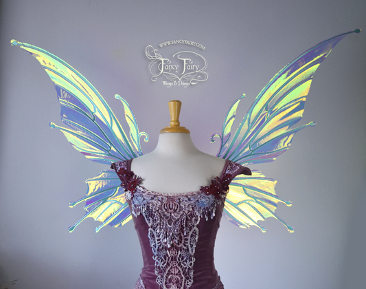 Extra Large / Giant Flora Iridescent Fairy Wings in Clear Diamond Fire with Green Veins