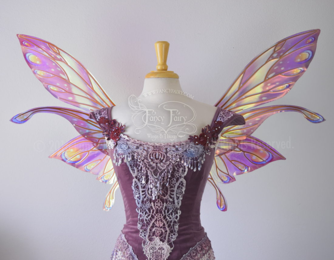 Salome Painted Iridescent Fairy Wings in Burgundy and Sunset with Copper Veins