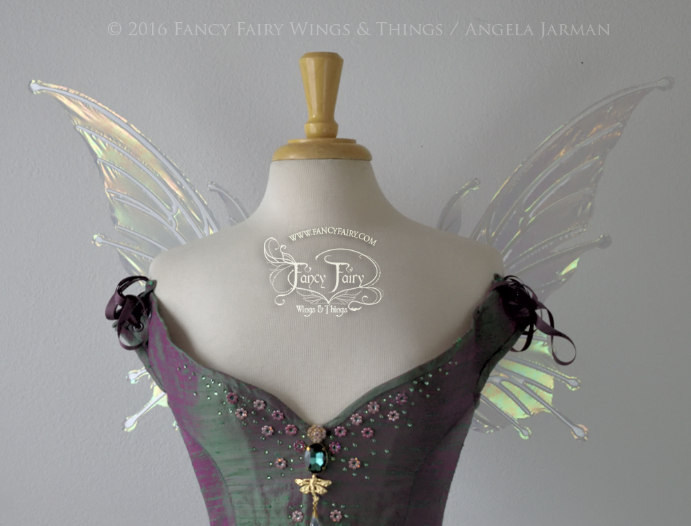 Small Flora Iridescent Fairy Wings in Patina Green with Pearl veins