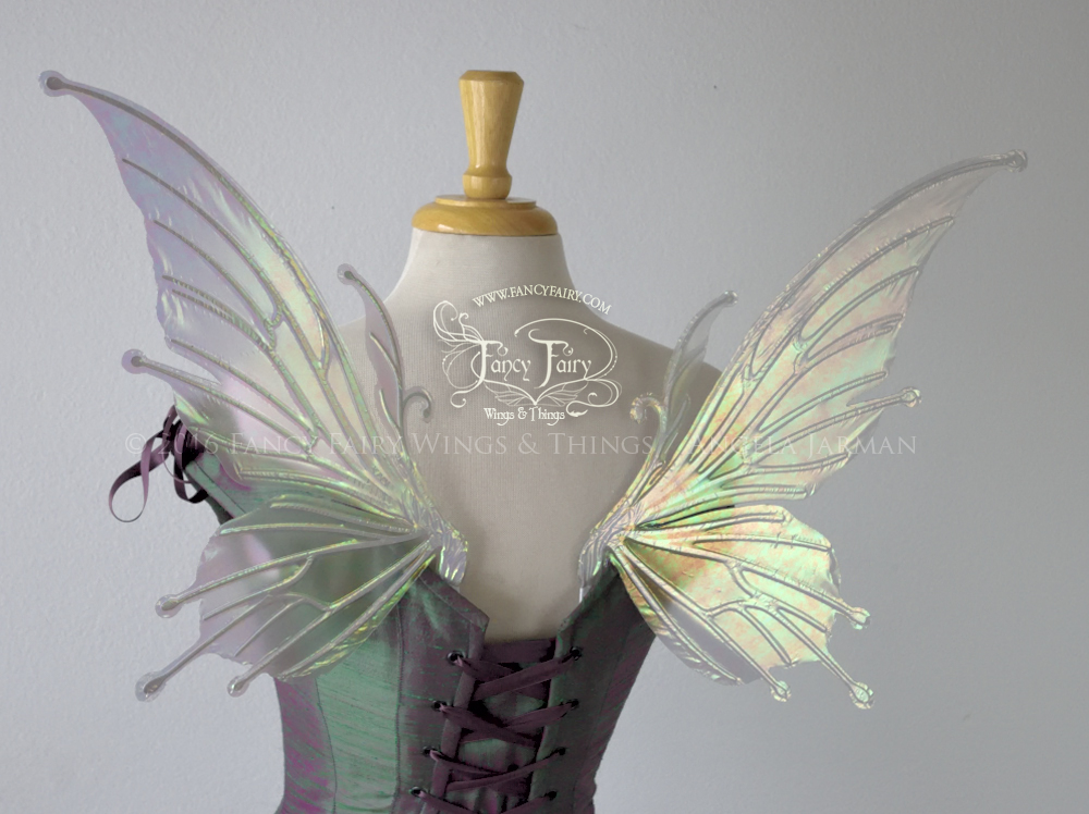 Small Flora Iridescent Fairy Wings in Patina Green with Pearl veins