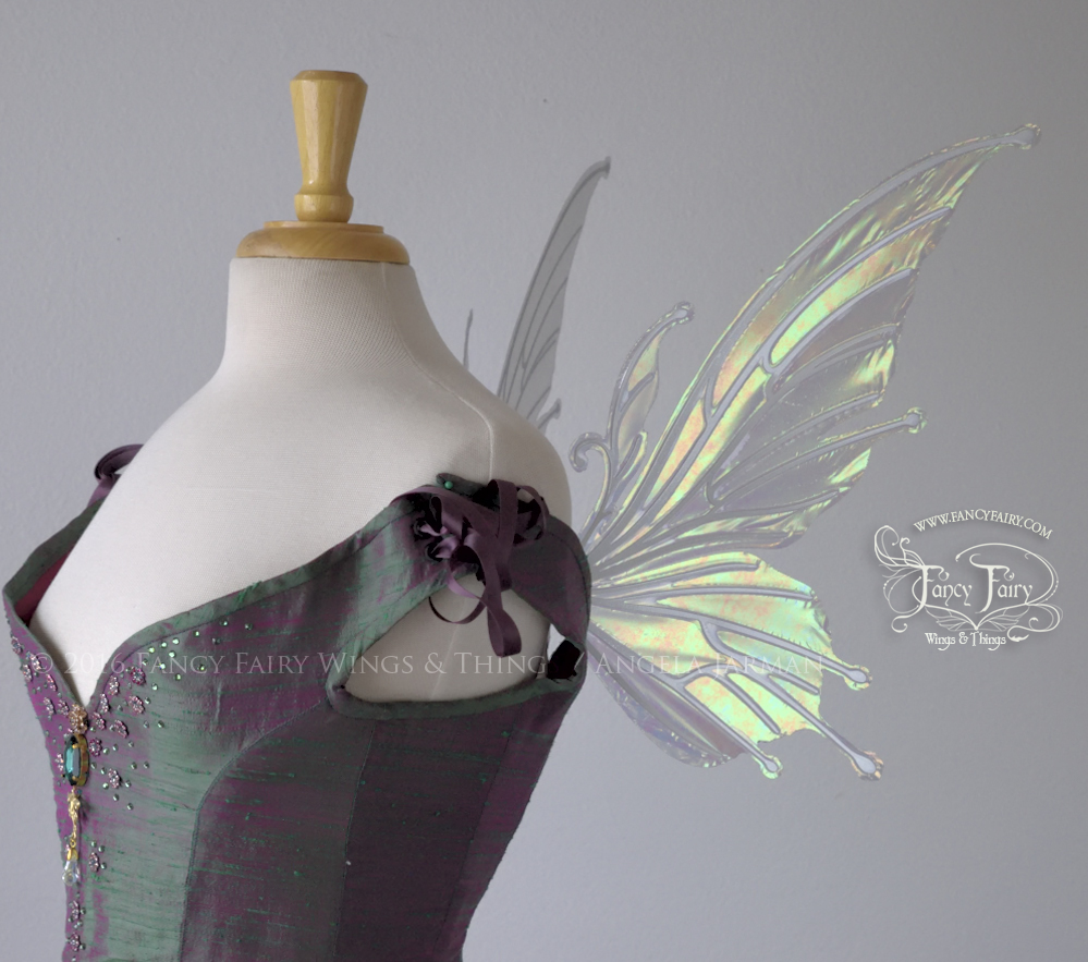 Small Flora Iridescent Fairy Wings in Patina Green with Pearl veins