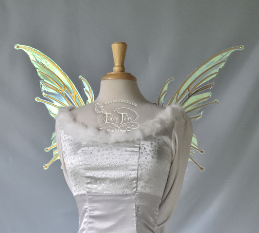 Small Flora Iridescent Fairy Wings in Satin White with Gold veins and Swarovski Accents