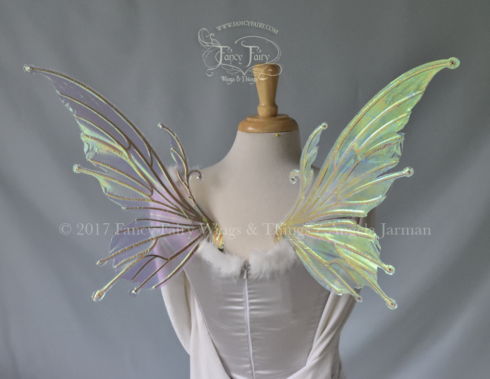 Small Flora Iridescent Fairy Wings in Satin White with Gold veins and Swarovski Accents