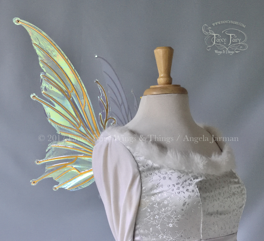 Small Flora Iridescent Fairy Wings in Satin White with Gold veins and Swarovski Accents