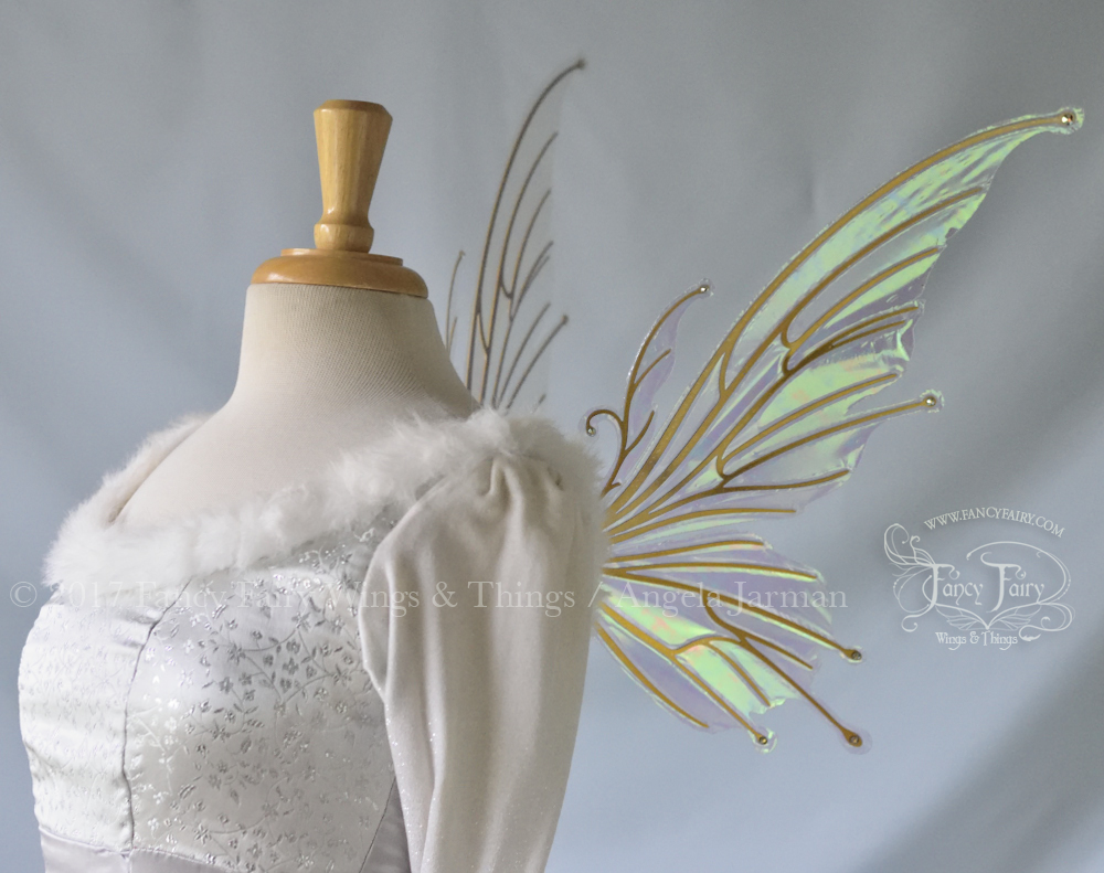 Small Flora Iridescent Fairy Wings in Satin White with Gold veins and Swarovski Accents